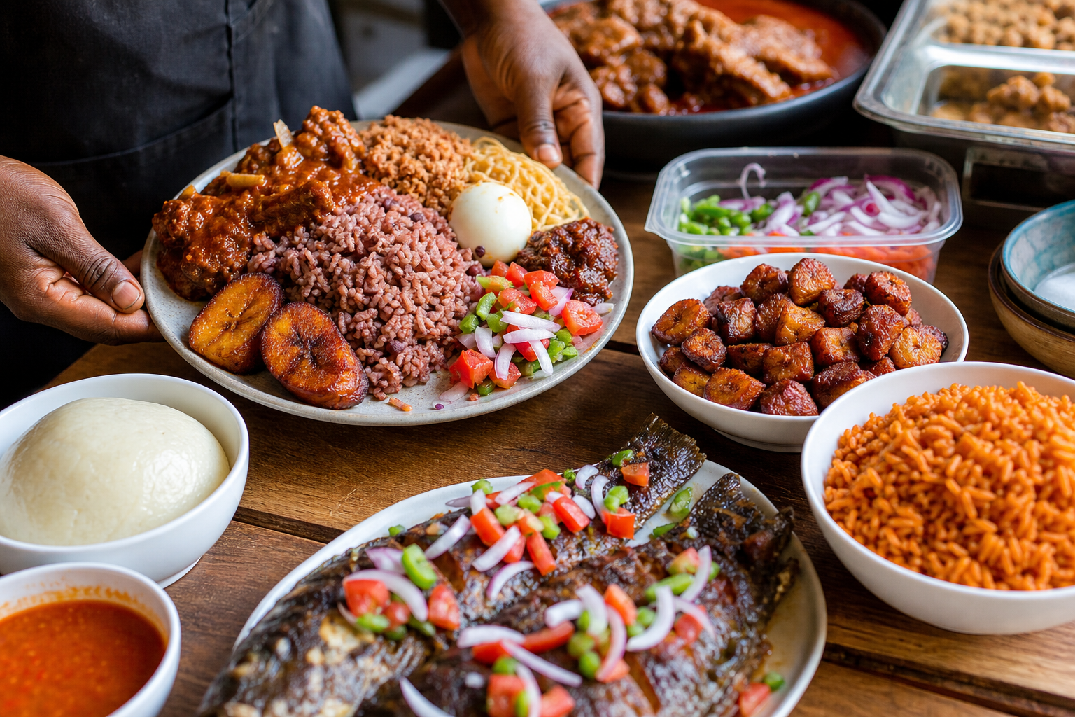A spread of Ghanaian dishes including waakye, grilled tilapia, kelewele and jollof rice