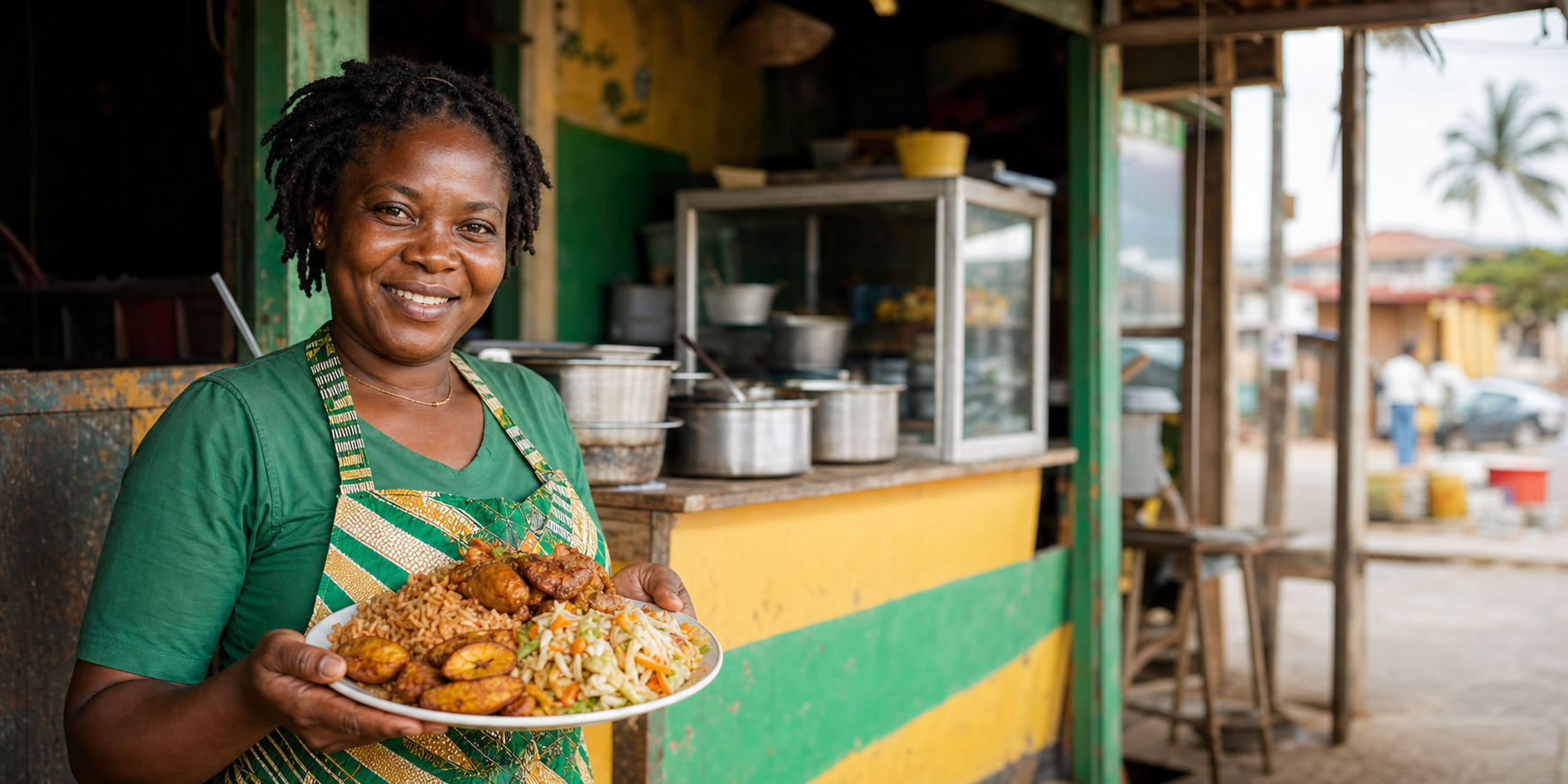 A Ghanaian food vendor welcoming customers with a freshly prepared local meal
